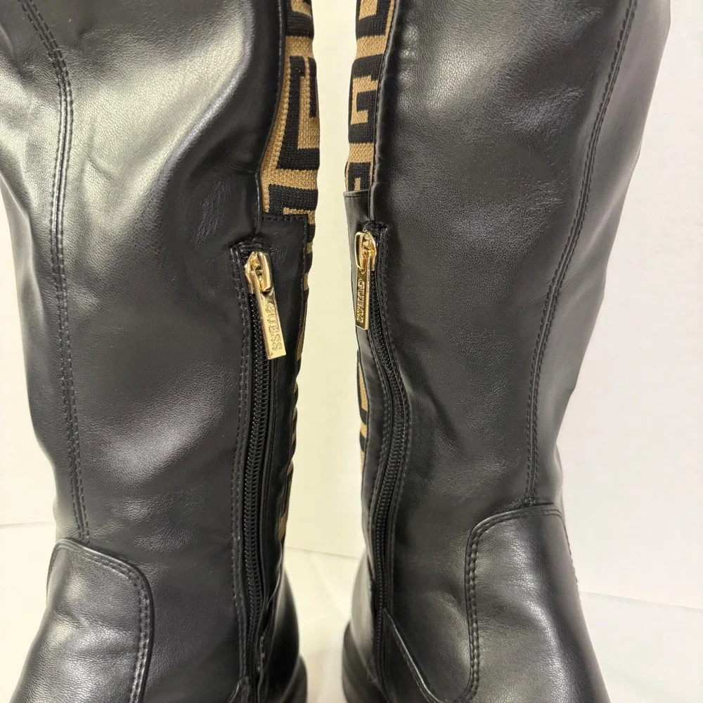 Guess Over The Knee Boots Womens Black Tan Monogram Knit Pull on/Zip
